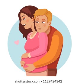 Happy man embracing his pregnant wife  from her back. Excited wife and husband calculating baby kicks. Young family waiting for  birth of baby. Baby kicks cartoon vector illustration