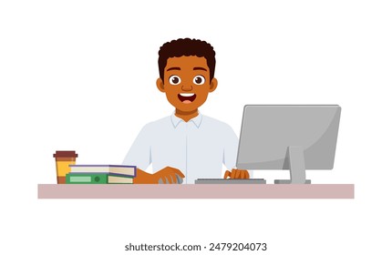 happy man employee sit in desk working on office with computer