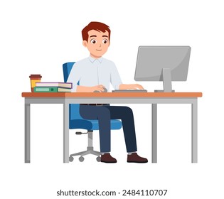 happy man employee sit in desk working on office with computer