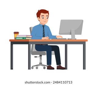 happy man employee sit in desk working on office with computer