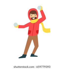 Happy man enjoy playing with a snowballs. Winter activity colorful character vector Illustration