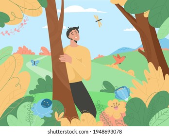 Happy man enjoying nature at garden flowers and blooming plants, looking at butterflies, listening birds. Summertime hiking, picnic outdoor, spring magic forest concept. Vector character illustration