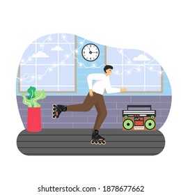 Happy man enjoying roller skating indoors, flat vector illustration. Active and healthy eco transport. Sport and recreation activity. Rollerblading. Indoor roller rink.