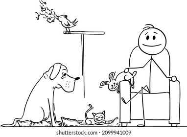 Happy man enjoying sitting in chair with his pets dog, bunny,bird and cat around, vector cartoon stick figure or character illustration.