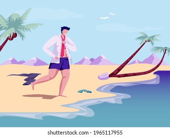 Der glückliche Mensch entkam aus der Büroarbeit und rannte zum Meer, um den Anzug abzuheben. Sommerurlaub am Strand. Freiheit. Freelance. Ausgebrannt. Flacher Cartoon, Vektorgrafik.