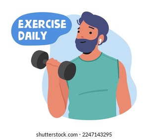 Happy Man Exercise Daily Motivational Banner. Person Training with Dumbbell. Sportsman Male Character Workout with Weight. Sport Activity, Healthy Lifestyle. Cartoon People Vector Illustration