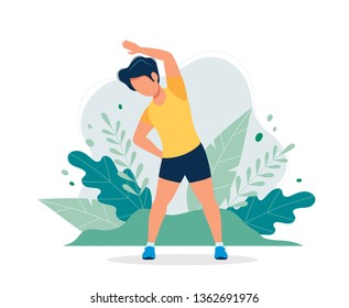 Happy man exercising in the park. Vector illustration in flat style, concept illustration for healthy lifestyle, sport, exercising.