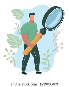 Happy man IT expert holding in hands a big magnifying glass or loupe. Guy searching for information with giant magnifier. Data analysis and research, investigation concept. Vector cartoon illustration