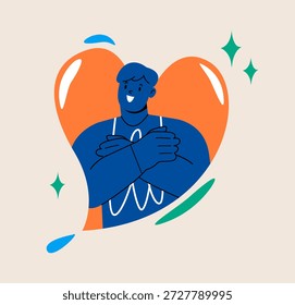 Happy man expressing self love. Colorful vector illustration
