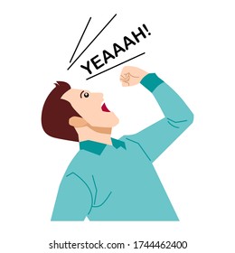 Happy man expression "Yeah!" raised his hands up. Vector flat illustration