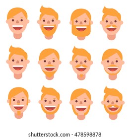 Happy man faces with different kind of beards. Flat style vector