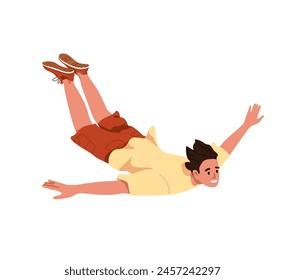 Happy man falling down in free flight. Person extreme jumping, flying in air. Jumper flies, land diving. Freedom, aspiration, enthusiasm concept. Flat isolated vector illustration on white background