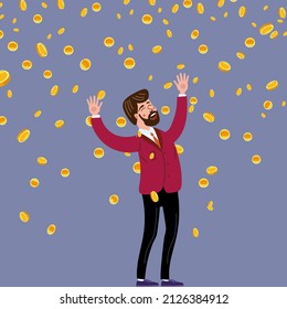 Happy Man Falling Money Coins Rain. Success Finance Business, Falling Cash. Vector Illustration