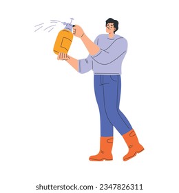 Happy Man Farmer Character in Rubber Boots Spraying with Bottle Vector Illustration