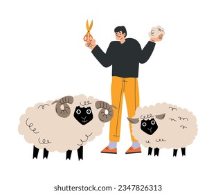 Happy Man Farmer Character Shearing Sheeps Vector Illustration