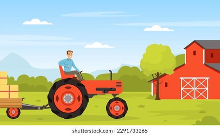 Happy Man Farmer Driving Tractor with Hay Bale Vector Illustration