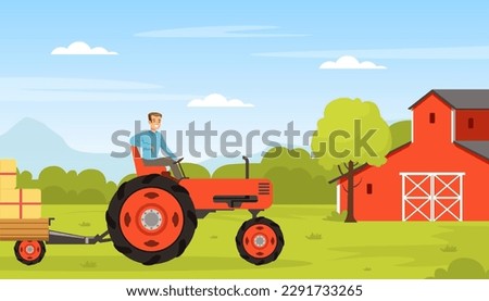 Happy Man Farmer Driving Tractor with Hay Bale Vector Illustration