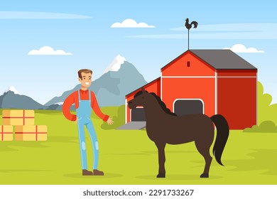 Happy Man Farmer in Dungaree Standing with Horse in the Yard Vector Illustration