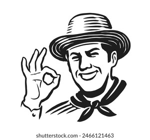 Happy man in farmer hat smiling and showing OK. Farm organic food emblem. Clipart sketch drawing black and white