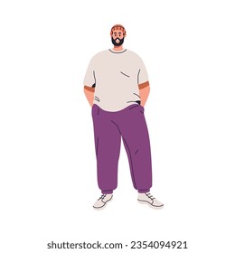 Happy man with fat plus-size body. Young chubby chunky person in modern loose casual clothes. Smiling plump guy standing with hands in pockets. Flat vector illustration isolated on white background