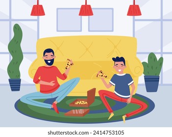 Padre feliz con su hijo comiendo pizza en casa Vector Ilustración