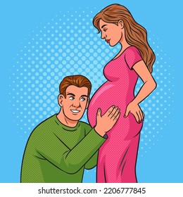Happy man father with pregnant wife woman pinup pop art retro vector illustration. Comic book style imitation.