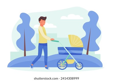 Happy Man Father Strolling with Baby Carriage in Park Vector Illustration