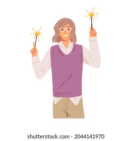 Happy man with festive sparklers in hands, celebrate winter holidays. Office worker holding burning fireworks, bengal lights with sparks. Flat vector illustration isolated on white background