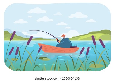 Happy man fishing in boat flat vector illustration. Cartoon man holding fishing rod, catching fish in blue river or lake, enjoying beautiful natural landscape. Summer, recreation, hobby concept