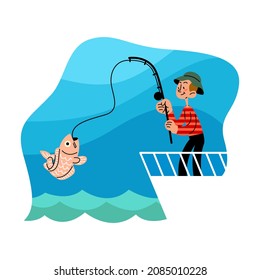 Happy man fishing on a boat flat vector illustration
