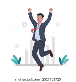 Hombre feliz en Arte vectorial plano que celebra una victoria, saltando con deleite y expresando emociones alegres