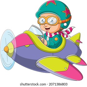 The happy man is flight a plane with the pilot costume of illustration