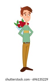 Happy man with flowers. Boyfriend makes a surprise for Birthday, Valentine's Day. Vector design illustration isolated on white background. Flower delivery.