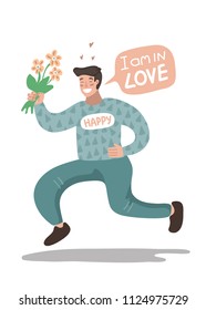 Happy man with flowers. A man in love. Vector cartoon illustration.  Isolated.