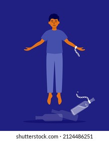 Happy man flying after release from alcohol addiction. Male healthy life, freedom, liberation vector illustration. Alcoholics anonymous help. Guy breaks chain with bottle linked to hand. No drink life svg