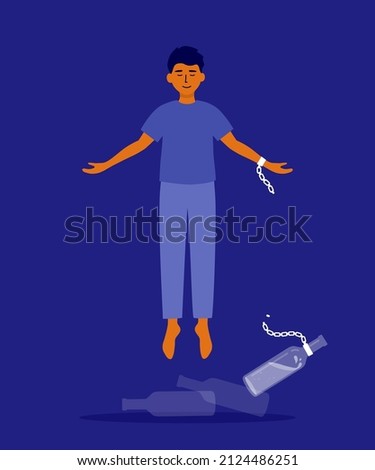Happy man flying after release from alcohol addiction. Male healthy life, freedom, liberation vector illustration. Alcoholics anonymous help. Guy breaks chain with bottle linked to hand. No drink life