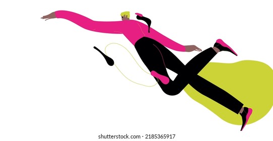 Hombre feliz volando, flotando en el aire. Huida libre de un empleado despreocupado en fantasías, sueños, imaginación. Inspiración, concepto de felicidad. Ilustración vectorial gráfica plana aislada en fondo blanco