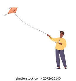 Happy man flying a kite. Flat vector illustration.