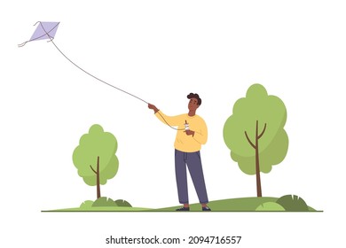 Happy man flying a kite in a green park. Holiday Relax. Outdoor activity. Concept of freedom. Flat vector illustration.