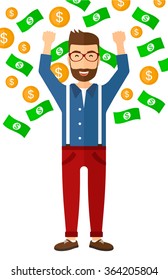 Happy man with  flying money. 
