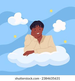 Happy man flying on cloud in blue sky vector illustration. Cartoon joyful boy lying on cloud to dream and rest, male character feeling freedom and love, dreaming and thinking positive thoughts