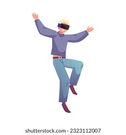Happy man flying in virtual reality glasses flat style, vector illustration isolated on white background. Decorative design element, VR modern technologies, positive emotions