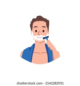 Happy man with foam on beard shaving with razor, flat vector illustration isolated on white background. Concepts of self care and skincare routine.