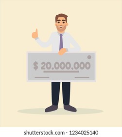 Happy man in formal suit is holding a bank check for a million dollars. Lottery gain concept. Vector illustration in flat design. 