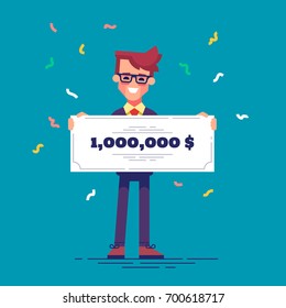 Un hombre feliz con traje formal tiene un cheque bancario por un millón de dólares. Concepto de ganancia de lotería. Ilustración vectorial en diseño plano.
