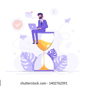 Happy man in formal suit sitting on an hourglass and working on her laptop business process icons and infographics on background. Multitasking, productivity and time management concept. Flat vector.
