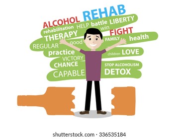 happy man freed from alcohol addiction, standing over a broken bottle - alcohol rehab. Vector flat design