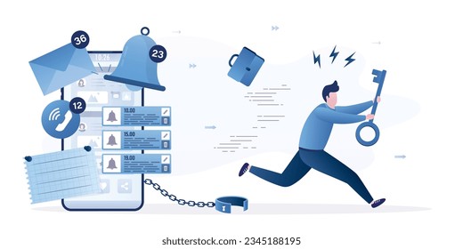 Happy man was freed from cyber dependence. Businessman holds big key and runs away from smartphone with social media, business notifications, workflow. Open shackles. Digital detox, tech free. vector