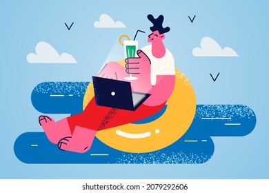 Happy man freelancer lying on floating ring relax at sea work online on laptop. Smiling guy use computer enjoy remote job on summer holiday or vacation. Outsourcing, freelance. Vector illustration. 