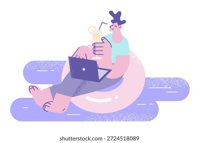 Happy man freelancer lying on floating ring relax at sea work online on laptop. Smiling guy use computer enjoy remote job on summer holiday or vacation. Outsourcing, freelance. Vector illustration.